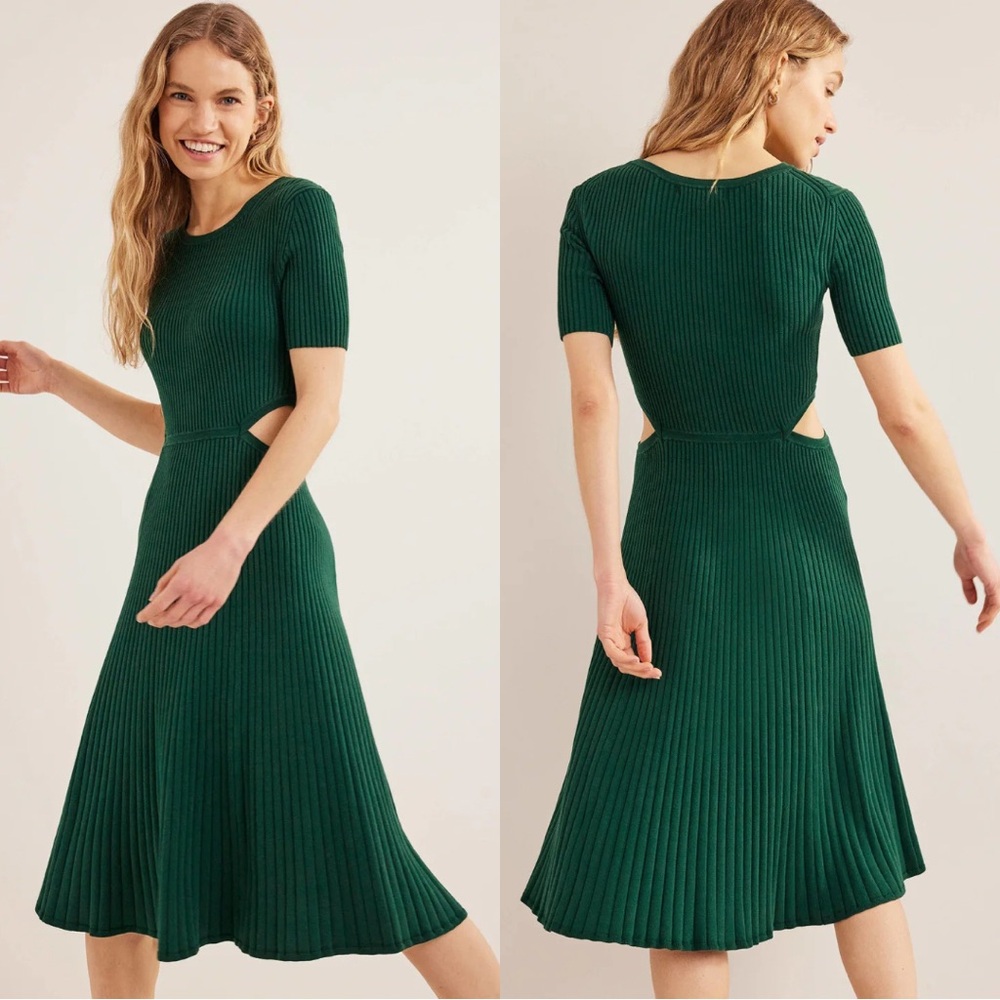 BODEN Cut Out Knitted Midi Dress in Dark Emerald Gold - US 20-22R